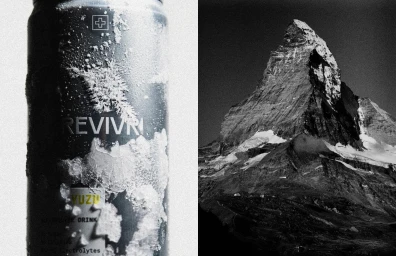 Split diptych featuring a frosted REVIVR beverage can beside a black and white mountain peak.