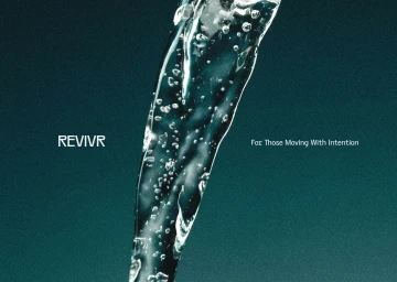 A clear stream of bubbling water flows against a textured dark teal backdrop with white typography reading REVIVR.
