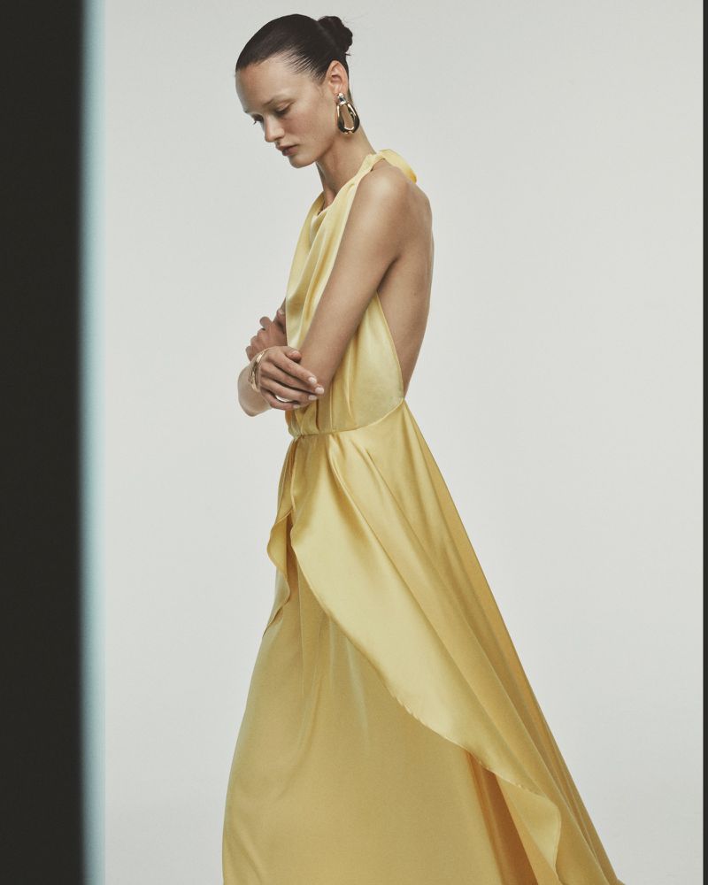Elegant woman poses in a light yellow, flowing gown with a halter neckline against a gradient background, accessorized with statement earrings.
