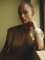 Model wearing a pleated camel dress and thick translucent bracelet resting chin on hand indoors.