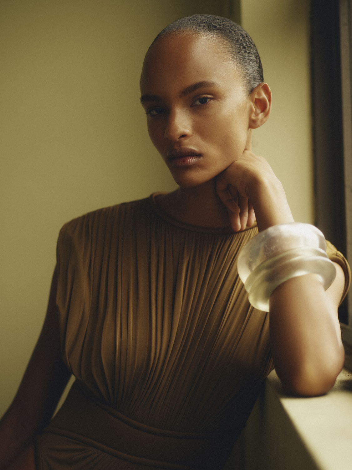 Elegant portrait of a Black woman in a brown dress with a clear bracelet posing indoors with soft, diffused natural lighting.
