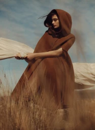 Model in a brown hooded cape holding white fabric in a grassy field under an open sky