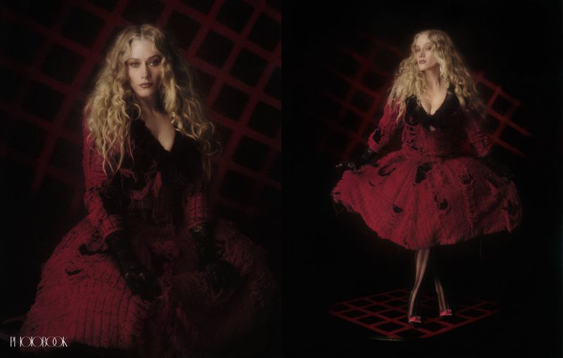 Olivia Taylor Dudley wearing a textured red dress and black gloves against a dark grid backdrop in an editorial diptych.