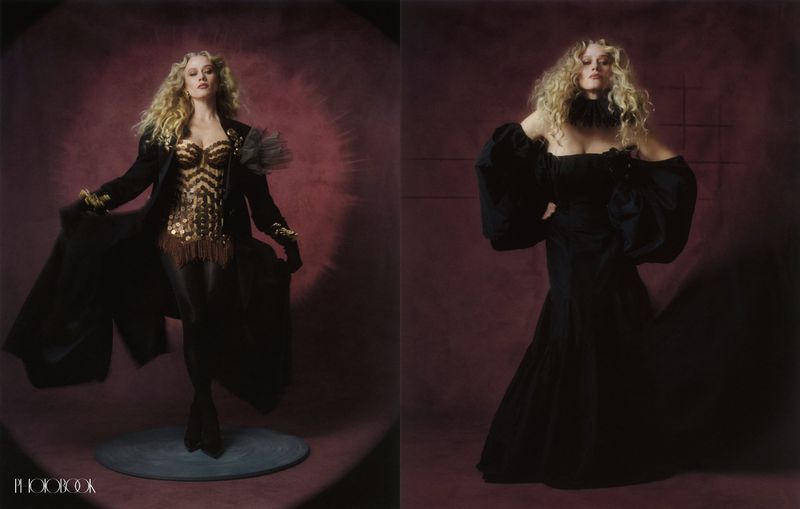 Diptych of Olivia Taylor Dudley posing in an ornate gold corset and a voluminous black gown against a dark maroon backdrop.