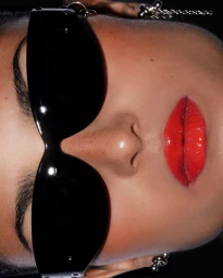 Close-up of a model wearing glossy black wrap sunglasses, silver chain earrings, and bright red lipstick against a black background.