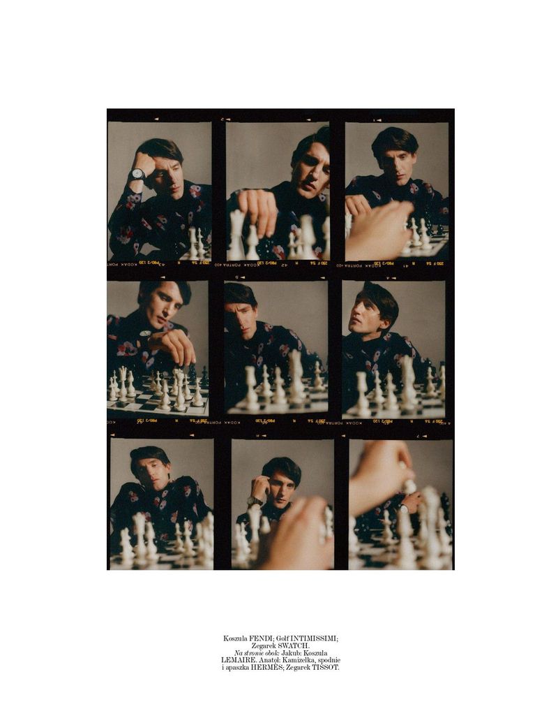Contact sheet of nine photographic frames showing a man playing chess for Vogue Polska Arcymistrz editorial