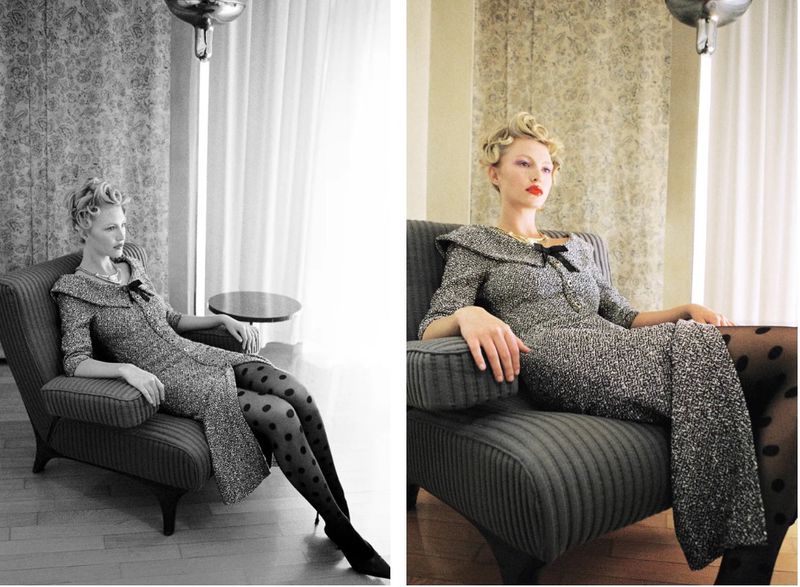Model Molly Merland in a grey tweed dress and polka dot tights seated on an armchair in a black-and-white and color diptych.