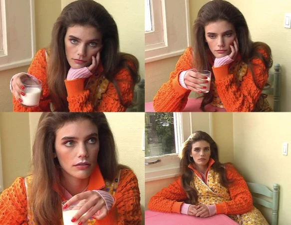 Four-panel grid of a woman with bouffant hair wearing an orange knit sweater holding a glass of milk at a pink table.