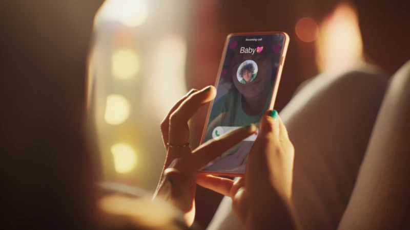 Woman holds smartphone displaying an incoming call from 'Baby' with a heart emoji, illuminated by soft, warm lighting.