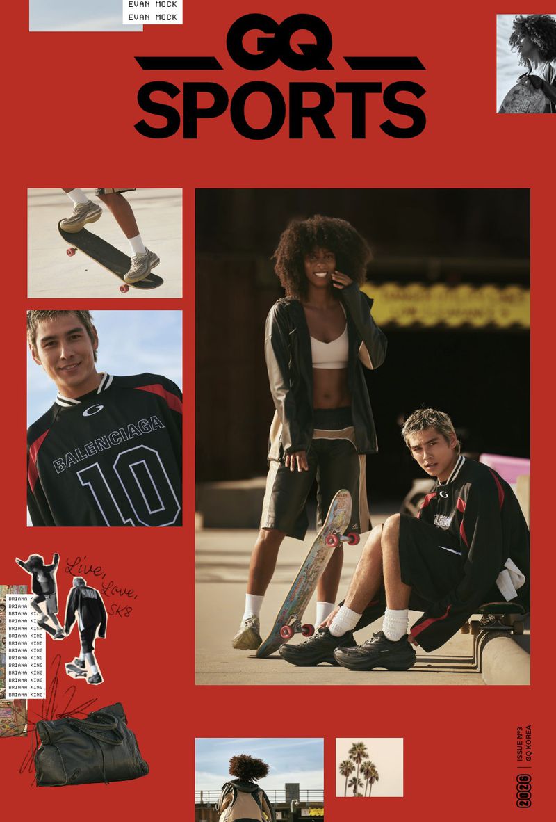 Collage layout featuring actor Evan Mock and models with skateboards for GQ Korea Sports magazine
