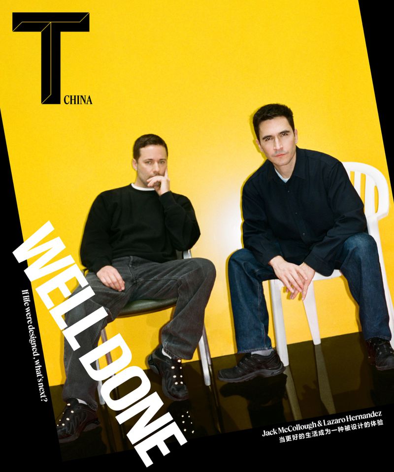Designers Jack McCollough and Lazaro Hernandez seated on chairs against a bright yellow studio backdrop for T Magazine China.