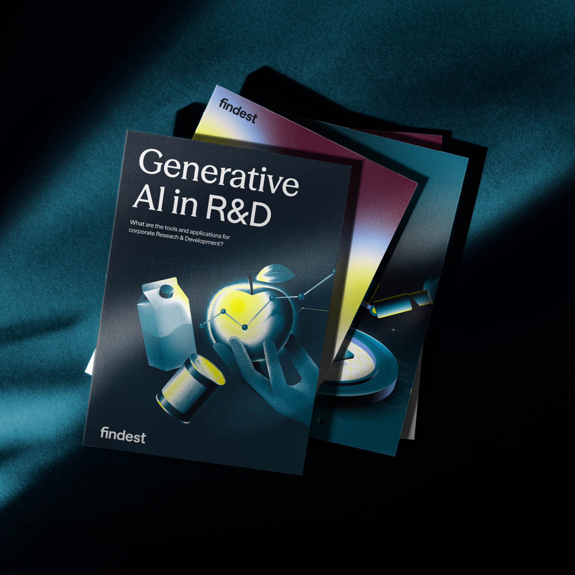 A stack of printed brochures for Findest titled Generative AI in R&D resting on deep teal textured fabric under directional sunlight.