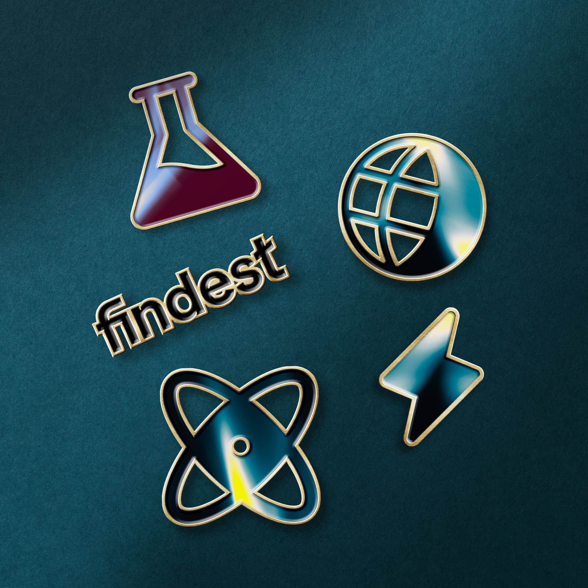 Glossy 3D metallic enamel pins and findsest logo badge arranged over a textured dark teal background.