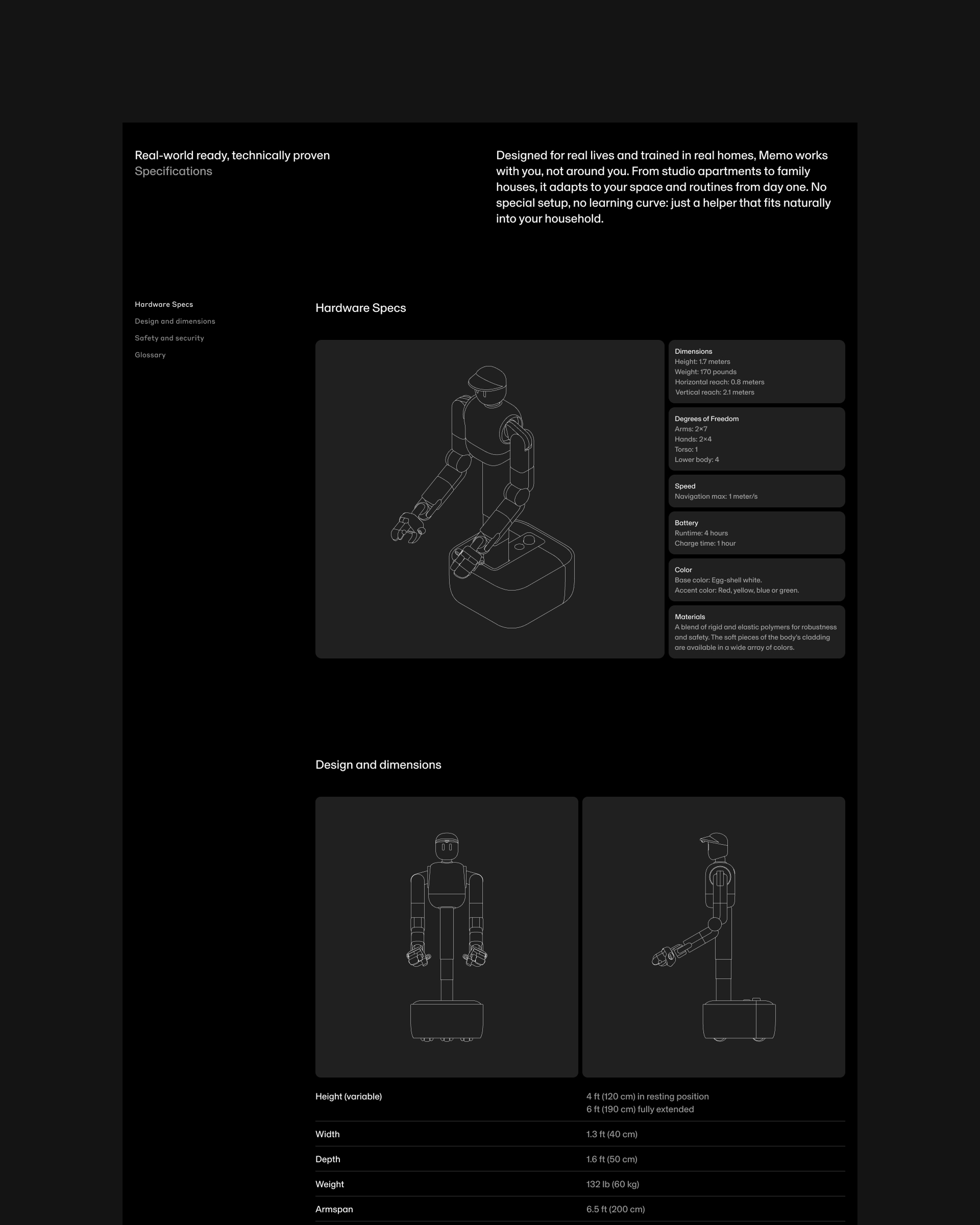 Wireframe line diagrams and hardware specifications layout on a dark interface design for Sunday Robotics.