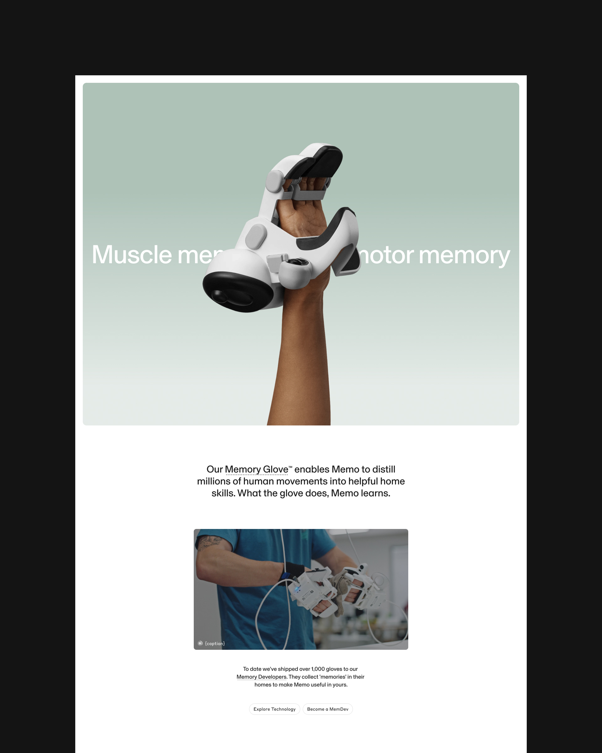 Web design layout for Sunday Robotics showcasing the white and black Memory Glove worn on a hand against a green background.