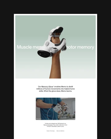 Web design layout for Sunday Robotics showcasing the white and black Memory Glove worn on a hand against a green background.