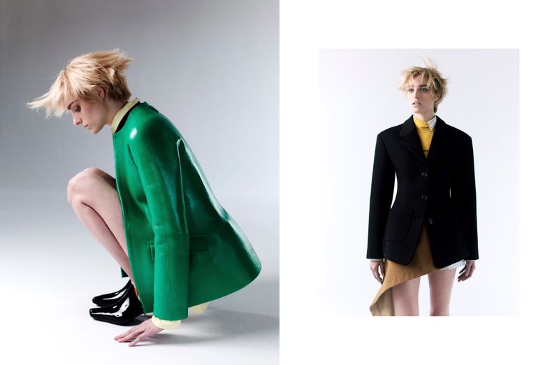 Fashion editorial diptych of model Katherine Wilkey crouching in a green coat and standing in a tailored black blazer in studio.