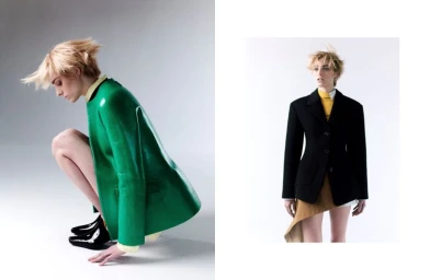 Fashion editorial diptych of model Katherine Wilkey crouching in a green coat and standing in a tailored black blazer in studio.