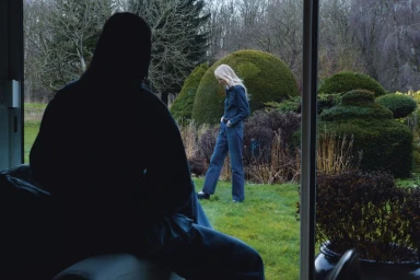 Interior silhouette of a person seated indoors looking out through a glass door at a woman walking on a lush green lawn.