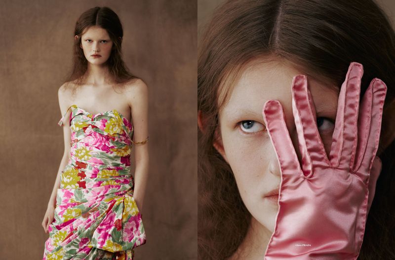 Diptych of model Aimee Byrne in a strapless floral gown alongside a close-up featuring a pink satin glove covering her face.