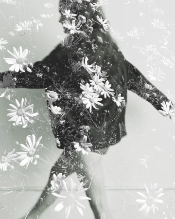 Black and white double exposure photograph of Sadie Sink walking with outstretched arms layered over blooming daisy flowers.