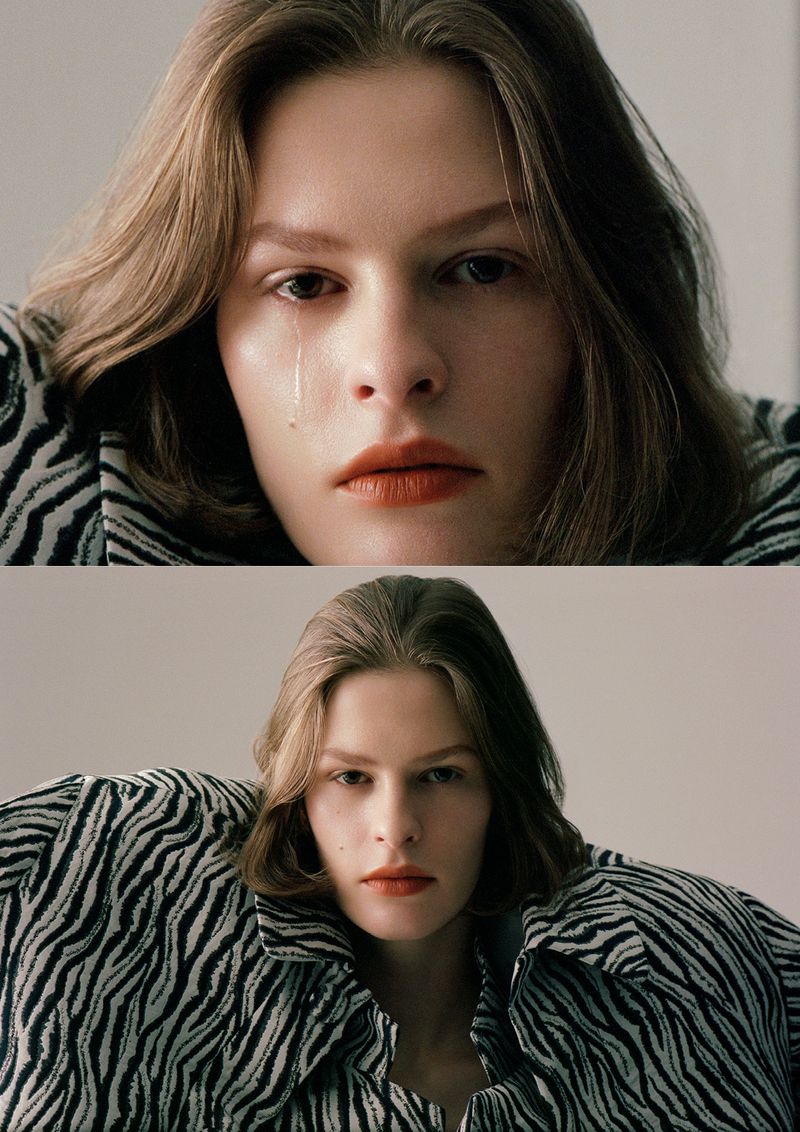 Diptych portrait of model Hannah Weber wearing an oversized zebra print jacket with a tear on her cheek against a neutral studio backdrop.
