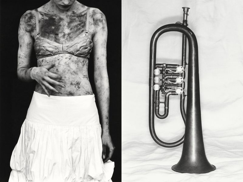 Black and white diptych featuring a woman with soot smudges in a white skirt alongside an upright flugelhorn against draped cloth.