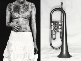 Black and white diptych featuring a woman with soot smudges in a white skirt alongside an upright flugelhorn against draped cloth.