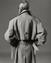 Model viewed from behind wearing an oversized belted trench coat with storm flap detailing against a neutral studio backdrop.