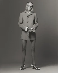 Model Maelle Swaelens posing in a structured button-up coat dress, dark tights, and strappy heels against a grey studio backdrop.