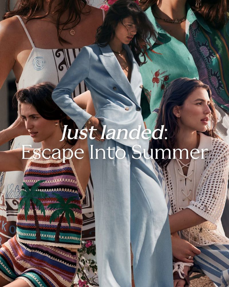Fashion collage featuring models in a light blue suit, knit palm tree top, and white lace-up shirt with text reading Escape Into Summer.
