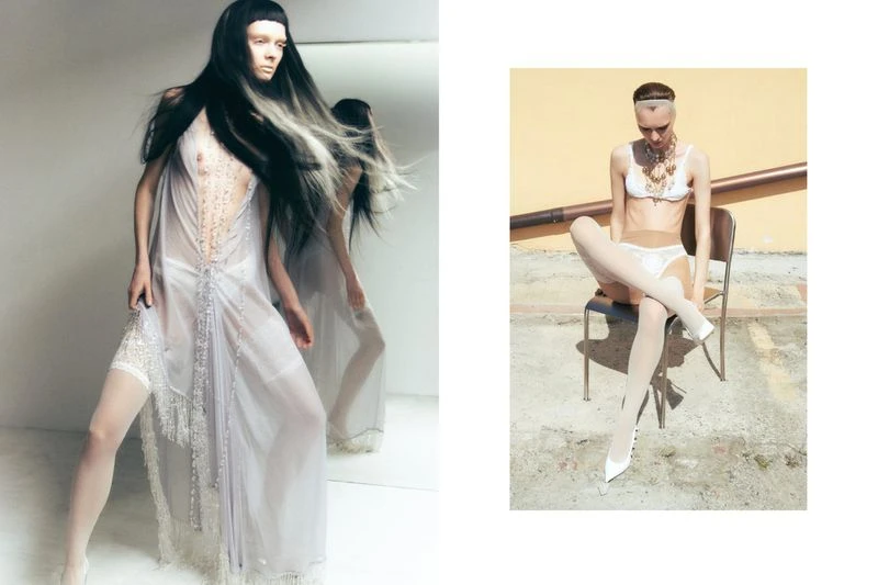 Two images side-by-side: one features a thin model in a sheer dress reflected in a mirror; the other shows a model in lingerie on a chair.