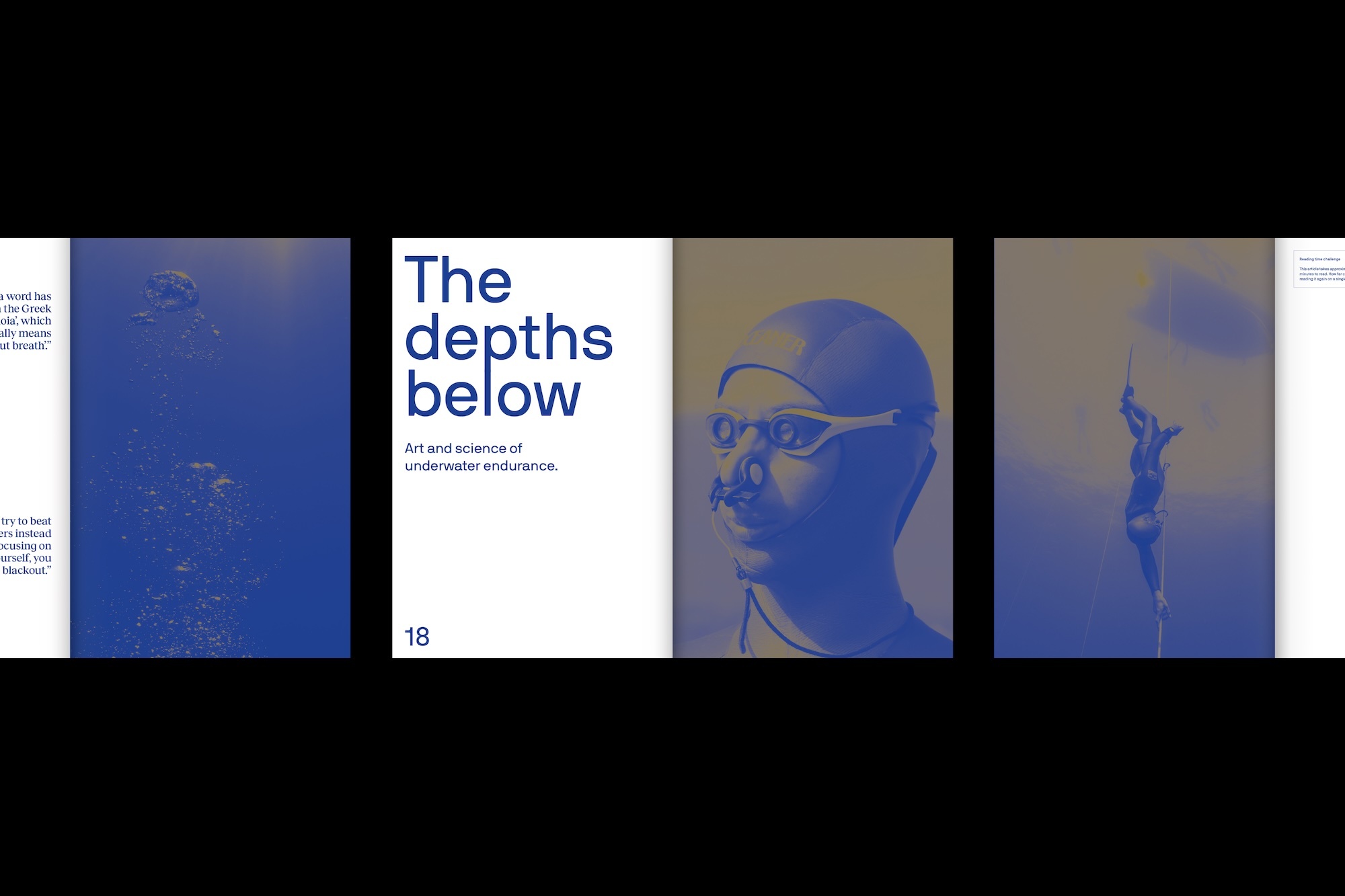 Editorial book spread design featuring underwater freediving imagery and typography titled The depths below.