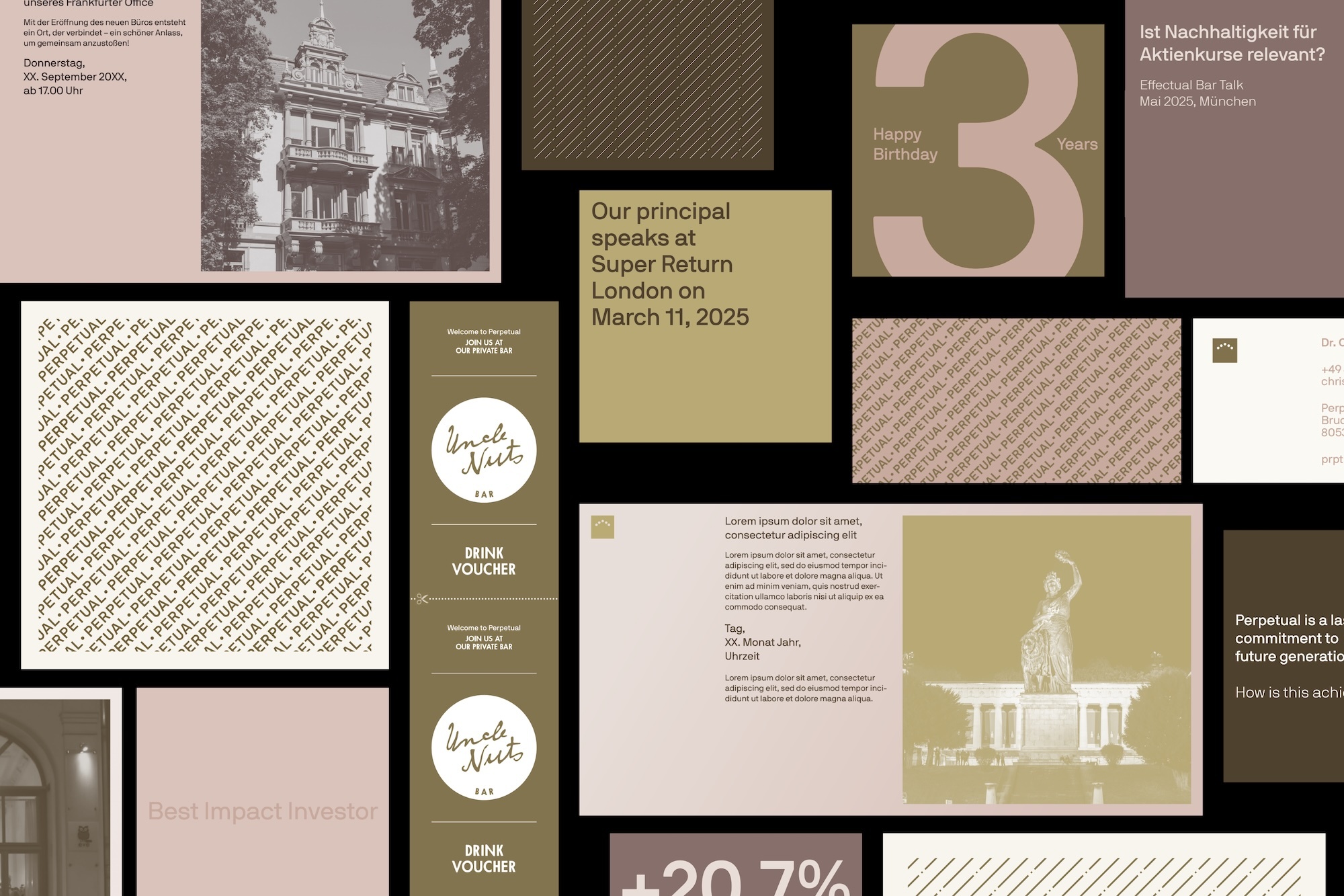 Graphic brand identity grid featuring corporate stationery, social media templates, vouchers, and typography cards for Perpetual.