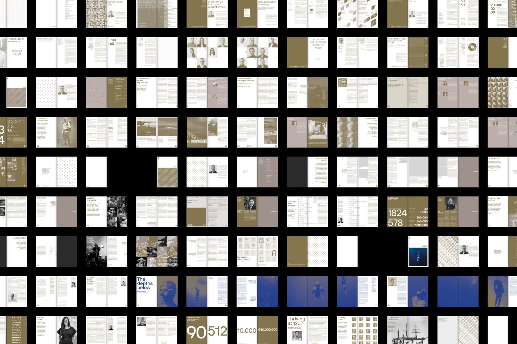 A comprehensive multi-page layout grid showcasing editorial booklet spreads, typography, and photo essays against a black background.