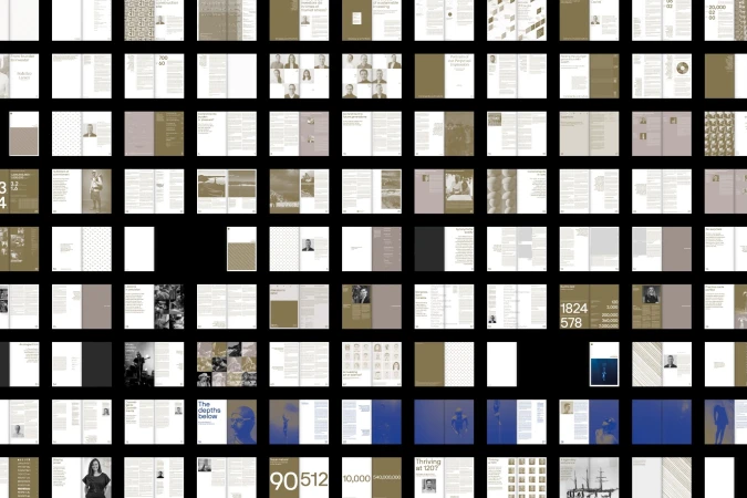 A comprehensive multi-page layout grid showcasing editorial booklet spreads, typography, and photo essays against a black background.