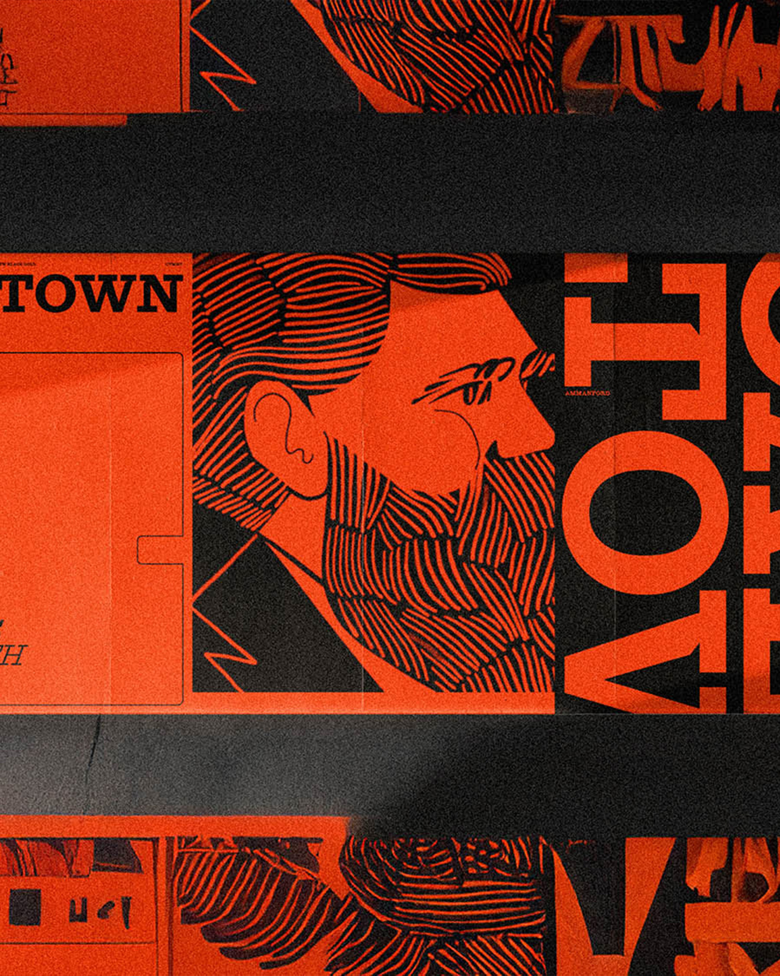 Orange and black graphic branding design featuring a linework illustration of a bearded man in profile with bold block typography.