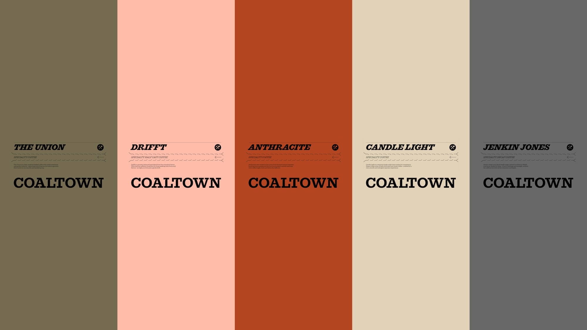 Graphic layout showing five vertical color swatches with Coaltown Coffee blend names and minimalist typography.