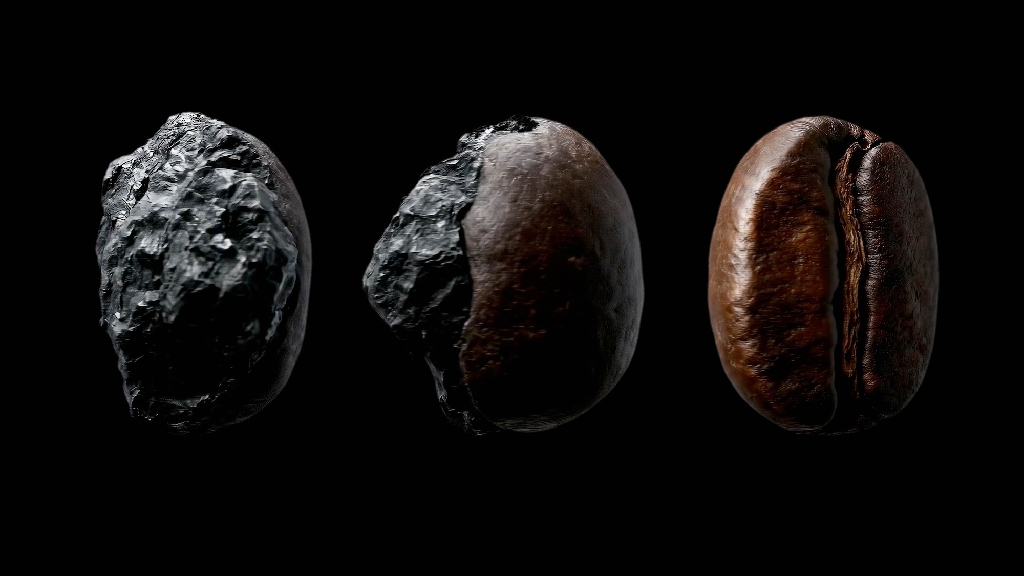 Three stages of a black lump of coal transforming into a roasted brown coffee bean on a solid black background.