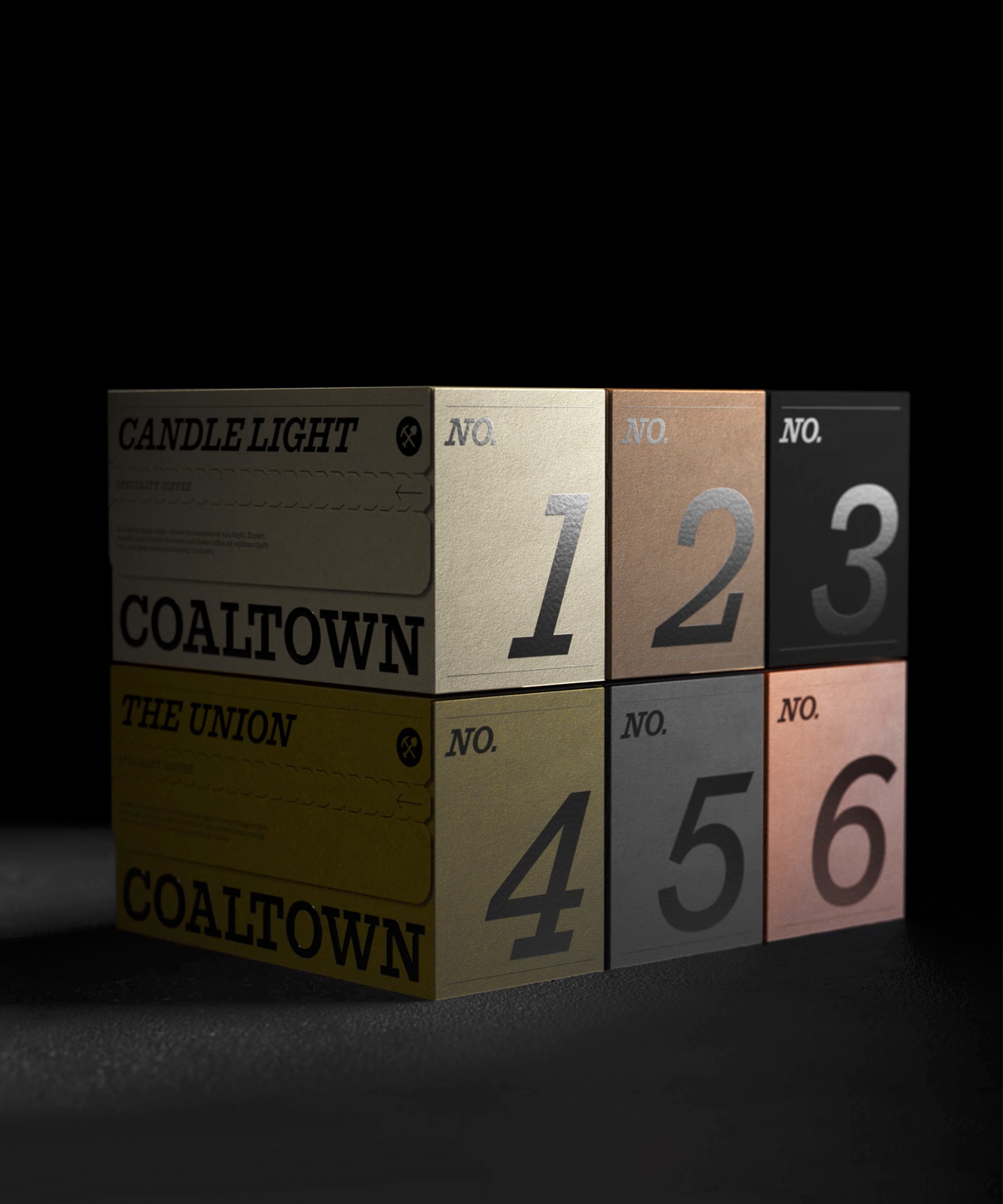 A grid stack of six minimalist Coaltown Coffee packaging boxes featuring bold numbers 1 to 6 on a dark surface.