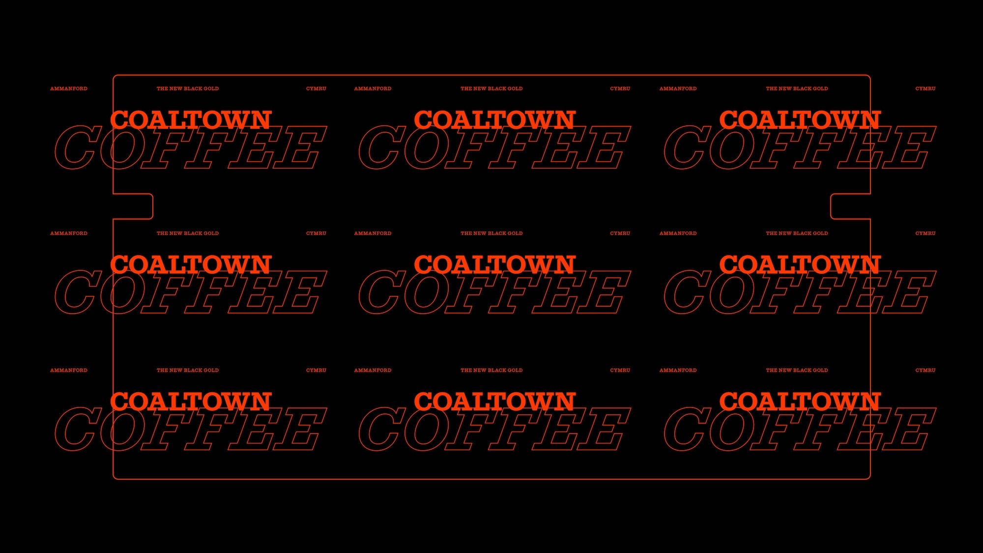 Repeating orange Coaltown Coffee typographic logos and framing lines arranged in a grid across a black background.