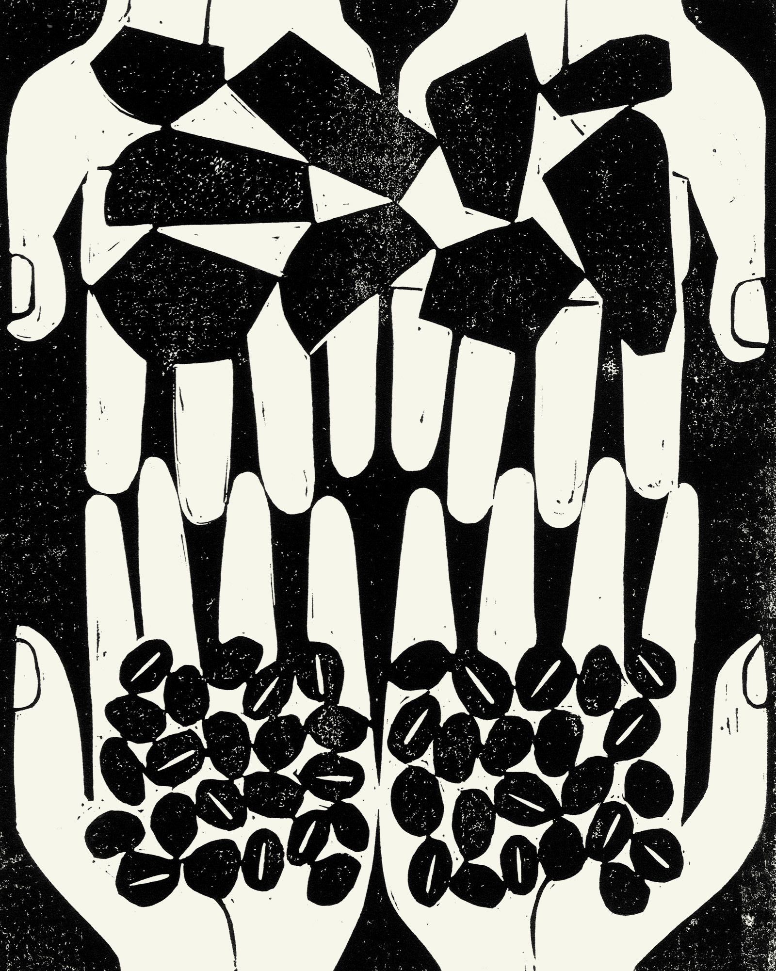Black and white relief print illustration of two pairs of hands holding geometric coal fragments and coffee beans against a black backdrop.