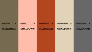 Graphic layout showing five vertical color swatches with Coaltown Coffee blend names and minimalist typography.