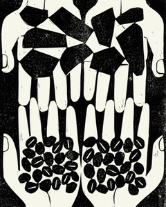 Black and white relief print illustration of two pairs of hands holding geometric coal fragments and coffee beans against a black backdrop.