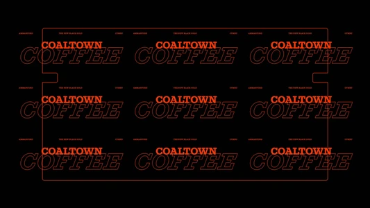 Repeating orange Coaltown Coffee typographic logos and framing lines arranged in a grid across a black background.