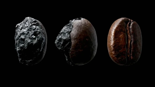 Three stages of a black lump of coal transforming into a roasted brown coffee bean on a solid black background.