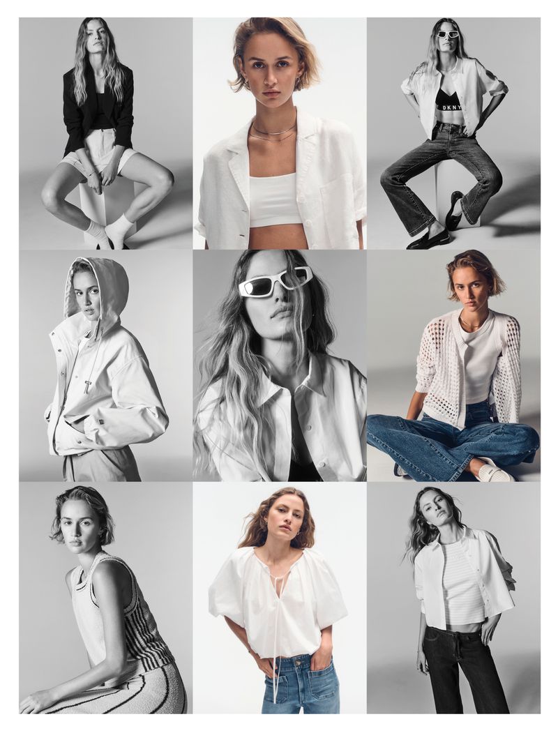 Nine-panel black and white grid of female models posing in modern minimalist outfits against a seamless studio backdrop.