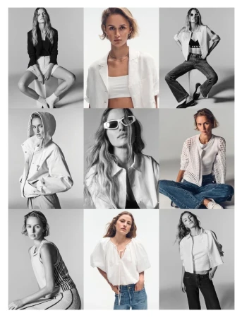 Nine-panel black and white grid of female models posing in modern minimalist outfits against a seamless studio backdrop.