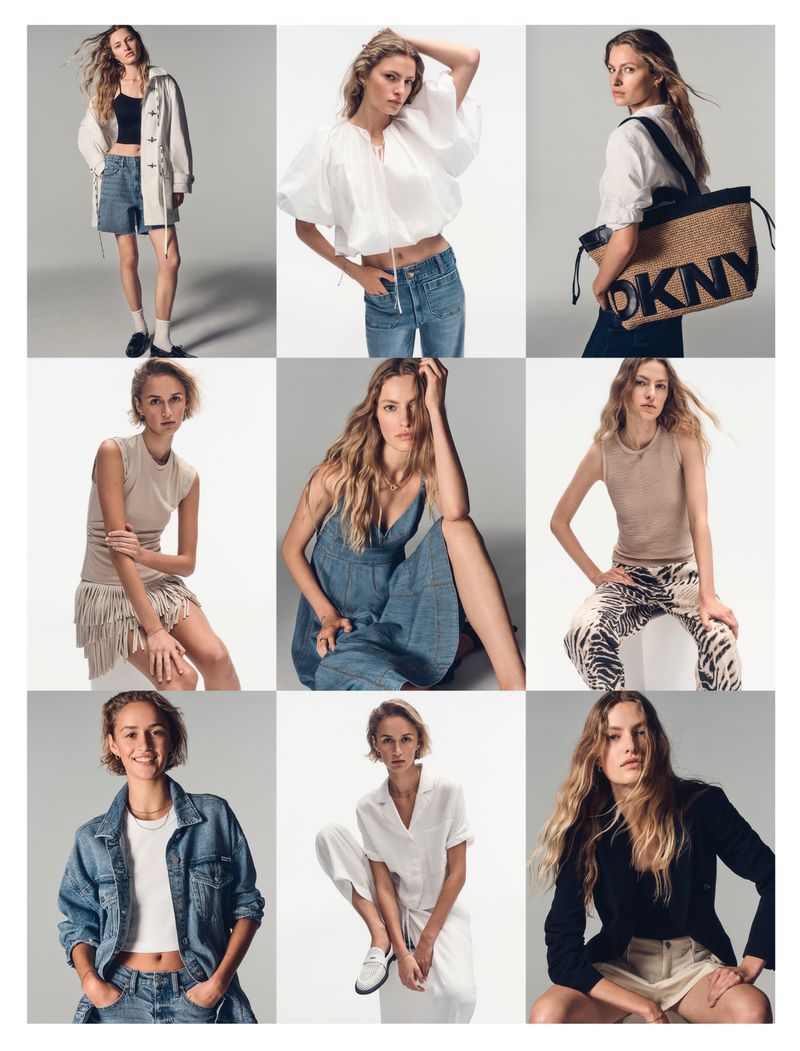 Nine-panel photo grid featuring models posing in spring fashion outfits including denim, fringe skirt, and a DKNY tote bag.