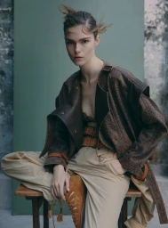 Model Anna Robinson seated on a wooden stool wearing an oversized patterned brown jacket and beige trousers.